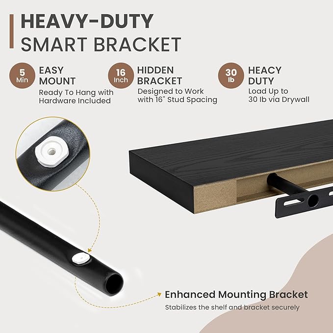 24 Inch Floating Shelves, 8 Inch Deep Floating Shelves for Wall, Hanging Shelf with Invisible Brackets, Deep Shelves for Bath