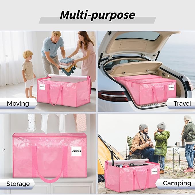 8 Pack Extra Large Heavy Duty Moving Bags, Pink Storage Bins with Lids, Reinforced Handles & Heavy-Duty Zippers Moving Boxes 