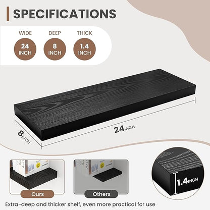 24 Inch Floating Shelves, 8 Inch Deep Floating Shelves for Wall, Hanging Shelf with Invisible Brackets, Deep Shelves for Bath