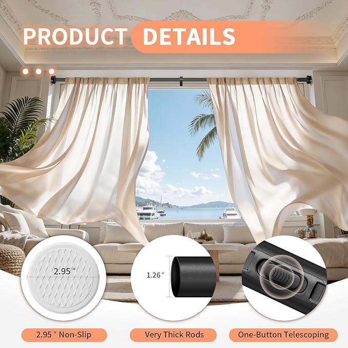 Tension Curtain Rod 41-173In, Outdoor Extra Long Curtain Rod No Drilling for Window or Bathroom Patio, Adjustable Heavy Duty 