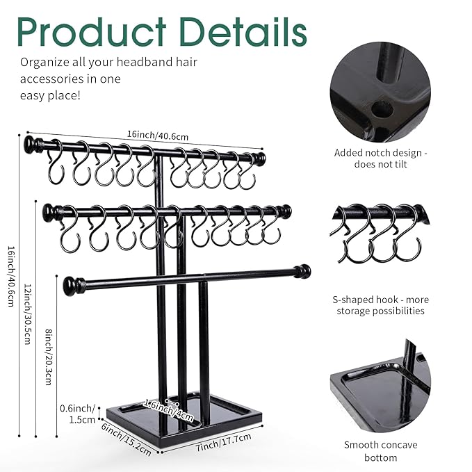 POVETIRE Headband Holder Stand Storage for Baby, 3 Tier Wooden Bow Organizer for Girls Hair Bows, Infant Hair Accessories Rac