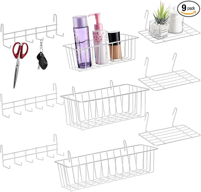 Fumete 9 Pcs Wall Grid Hanging Basket Shelf Hooks Set Includes 3 Basket 3 Wire Straight Shelf and 3 Hooks for Storage Display
