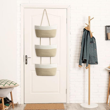 TeoKJ Over the Door Hanging Basket, 3-Tier Woven Cotton Wall-Mounted Storage Organizer Bag Decorative Hanging Nursery Baskets