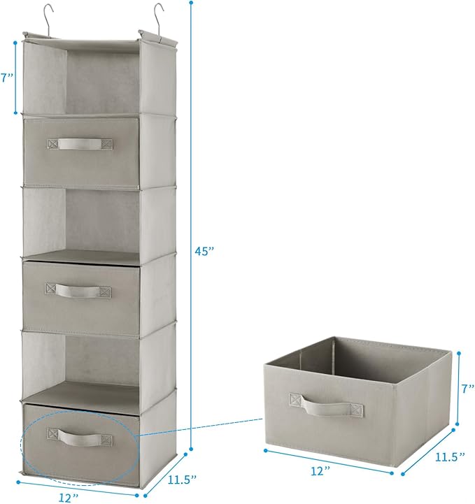 MAX Houser 6 Tier Shelf Hanging Closet Organizer, Closet Hanging Shelf with 2 Sturdy Hooks for Storage, Foldable (Light Grey-