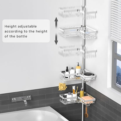 KEGII Corner Shower Caddy Tension Pole - Chrome 4-Tier Adjustable Shower Tension Rod Organizer with Hooks & Soap Holders, 25-