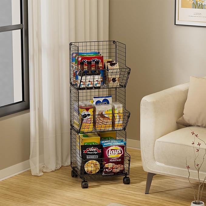 Sonyabecca Outdoor Toy Storage Basket, Play Kitchen Organizer with 5 S-Hooks,3 Tier Rolling Storage Cart Garage, Pantry Floor