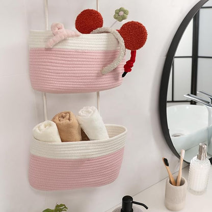 TeoKJ Over the Door Hanging Basket, 3-Tier Woven Cotton Wall-Mounted Storage Organizer Bag Decorative Hanging Nursery Baskets