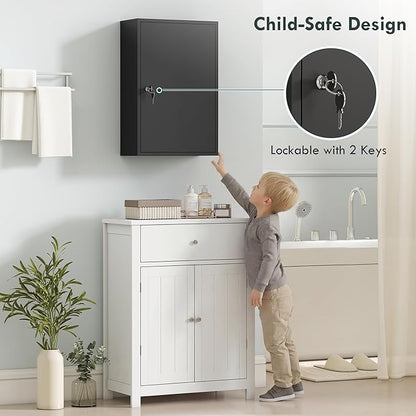 kleankin Steel Wall Mount Medicine Cabinet 3 Tier Emergency Box for Bathroom Kitchen, Lockable with 2 Keys, Black