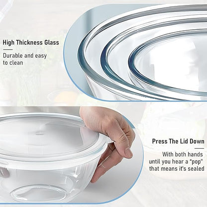 Glass Mixing Bowls with Lids Set of 3(4.4QT,2.7QT,2.1QT),Thick Glass Bowls Clear Salad Bowl Nesting for Baking,Cooking,Serving, Food Prep,Storage,Dishwasher Microwave Freezer Safe