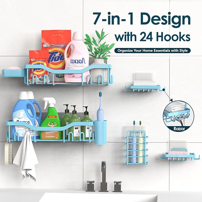 NESOMI Shower Caddy Adhesive Shower Organizer 7-Pack, Rustproof Stainless Steel Bathroom Shelves, Large Capacity No-Drill Rac