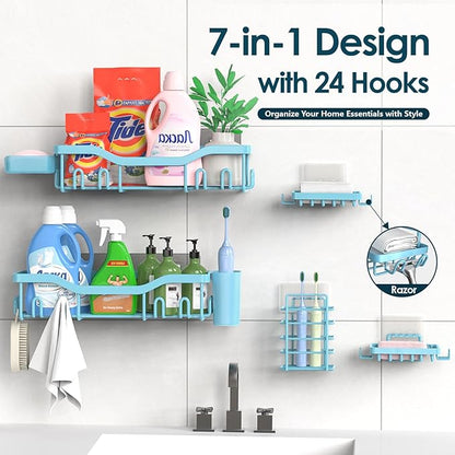 NESOMI Shower Caddy Adhesive Shower Organizer 7-Pack, Rustproof Stainless Steel Bathroom Shelves, Large Capacity No-Drill Rac