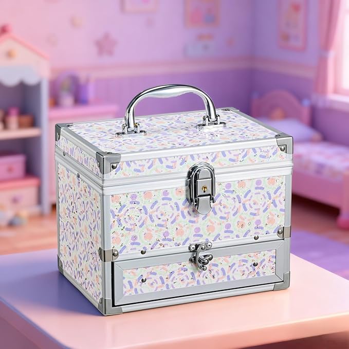 Hododou Girls Jewelry Box Organizer with Drawer & Mirror, Shiny Pink Style Lockable Storage Case for Kid or Little Girls Jewe