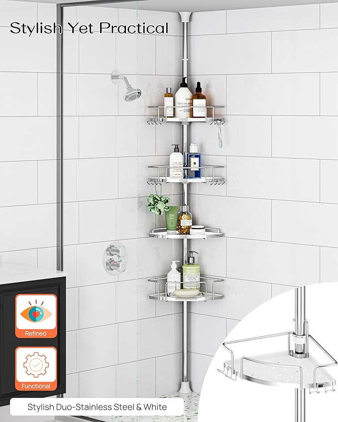 ALLZONE Corner Shower Caddy Tension Pole, 4 Repositionable Hang-On Baskets with Mixed-Height Shelves for Various Bottle Sizes