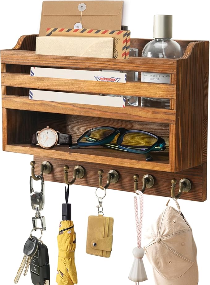 Mail and Key Organizer for Wall – Key Holder Wall Mount with Storage Box and 5 Key Hooks, Mail Holder Wall Mounted for Entryw
