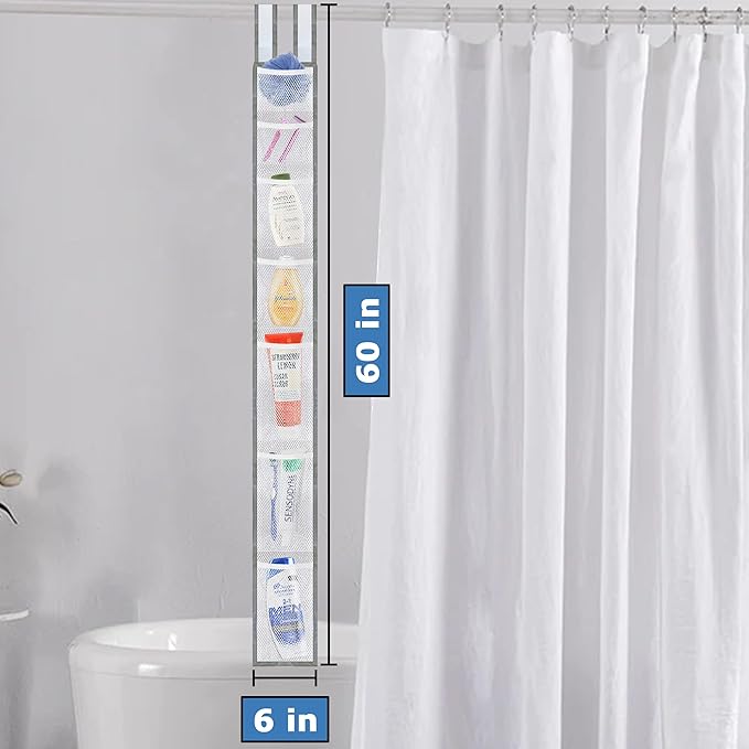 Skywin 7 Pockets Hanging Shower Curtain Liner Caddy 60 x 6 Inches (2 Pack) - 100% Polyester Mesh Shower Caddy Hanging - Showe