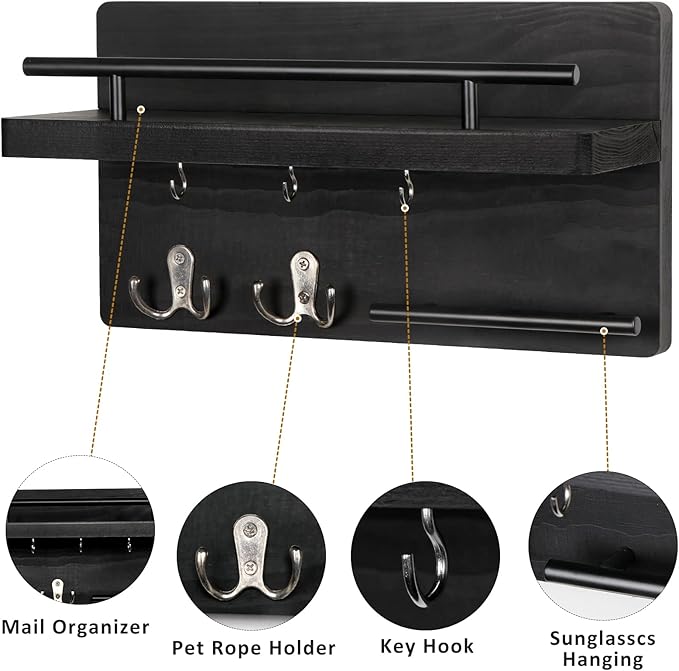 OurWarm Key Holder for Wall Decorative with 5 Key Hooks, Wall Mounted Key Hangers for Wall with Mail Key Rack, Wooden Mail Or