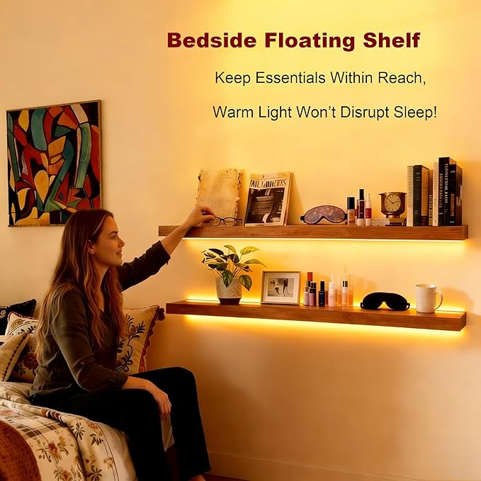 ROGMARS 36 Inches Long Walnut Floating Shelves with Led Light,Rustic Solid Wood Farmhouse Wall Shelves with Invisible Bracket