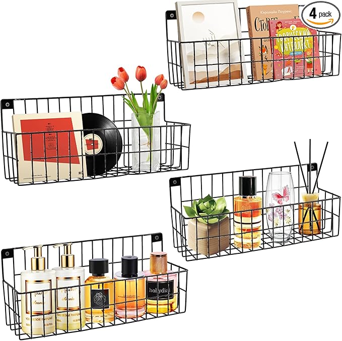 4 Set Extra Large Hanging Wall Wire Baskets, Hanging Wall Mount Storage Baskets, Metal Hanging Wire Basket for Organizing and