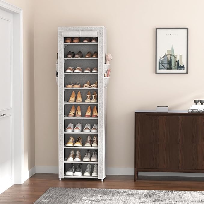 VTRIN Vertical Narrow Shoe Rack Organizer Tall Shoe Rack for Closet Entryway 10 Tier Non-Woven Cover Shoe Shelf Holds 20-22 P