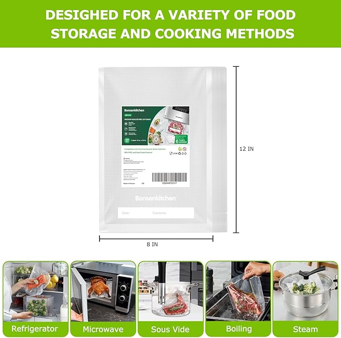 Bonsenkitchen Precut Vacuum Bags 100 Quart 8" x 12", BPA Free, Commercial Grade Textured Food Sealer Bag, Thick Embossed Bags