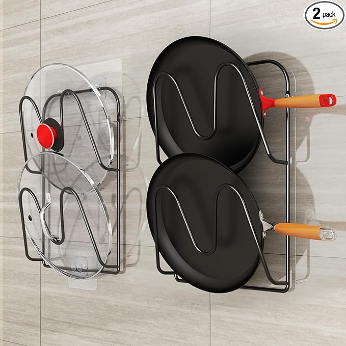 2 Pack Pot-Lid-Organizer, 4-Tier Pots and Pans Lid Organizer Under Cabinet, No Drilling, Rustproof, Lid-Organizers-Inside-Cabinet for Small-Space-Solution & Kitchen Cabinet Organization