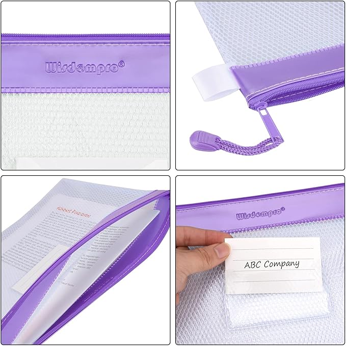 Wisdompro Zipper Pouch, 4 Packs Durable Letter Size Waterproof Mesh File Bag, Document Organizer - Blue/Purple
