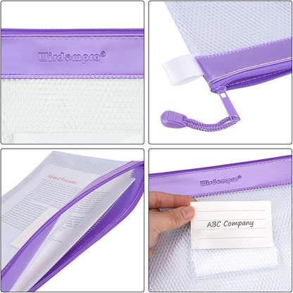 Wisdompro Zipper Pouch, 4 Packs Durable Letter Size Waterproof Mesh File Bag, Document Organizer - Blue/Purple