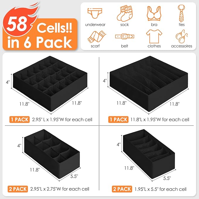 6 Pack Sock Underwear Drawer Organizer Dividers, 58 Cell Foldable Fabric Dresser Closet Organizers and Storage Bins for Cloth