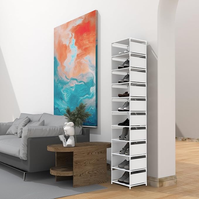 10 Tier Vertical Shoe Rack - White Narrow Shoe Rack for Closet & Entryway, Space Saving Tall Shoe Organizer for Small Spaces,