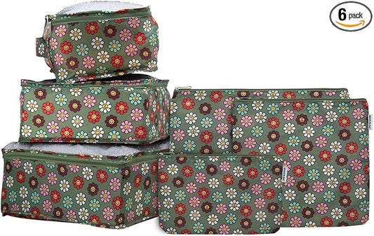 LIFE IS GOOD 6 Piece Packing Cube Set - Tear Resistant Mulifunctional Apparel and Accessory Storage, Happy Daisy