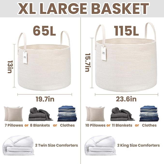 JMvicyroam 65L Extra Large Blanket Basket for Living Room - Woven Cotton Rope Laundry Hamper with Reinforced Handles - Storag
