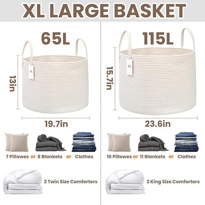 JMvicyroam 65L Extra Large Blanket Basket for Living Room - Woven Cotton Rope Laundry Hamper with Reinforced Handles - Storag