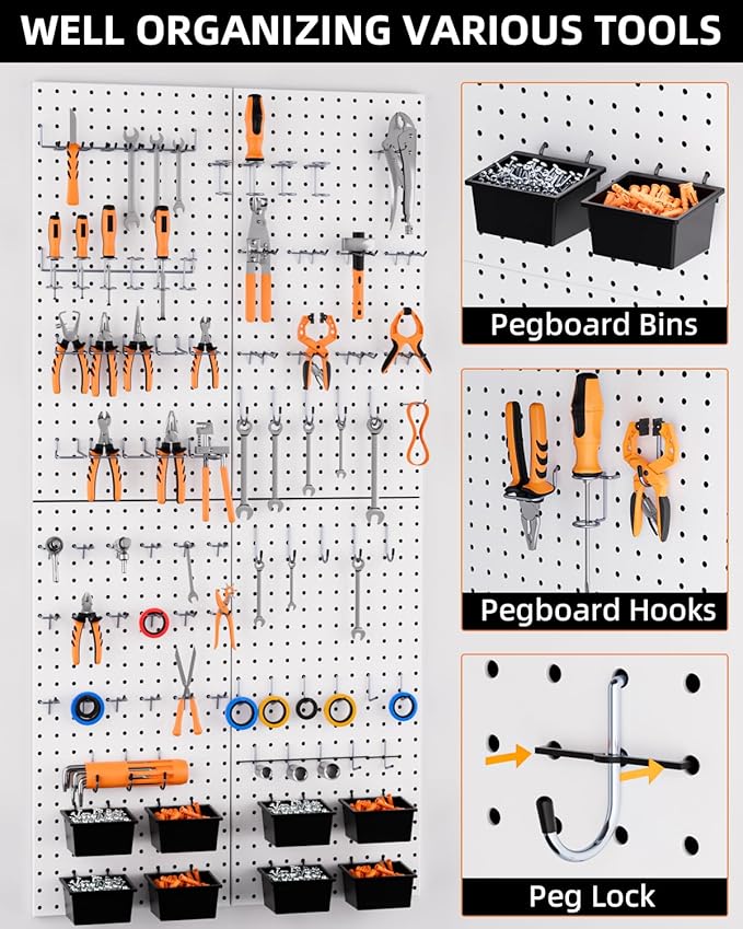 INCLY 158PCS Metal Pegboard Wall Organizer, 48x24 Inch White Pegboard Panels Tool Organizer Kit with Accessories Hooks and Bi