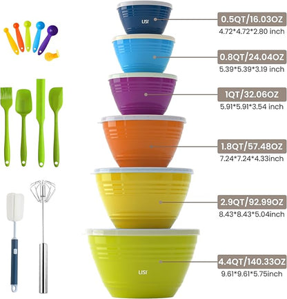 LISI 23Pcs Mixing Bowls Set with Lids, Airtight BPA-Free Nesting Bowls for Mixing, Baking, Cooking & Storage, Dishwasher Safe Serving Bowl, Includes Spatula, Spoons, Brush & Whisk
