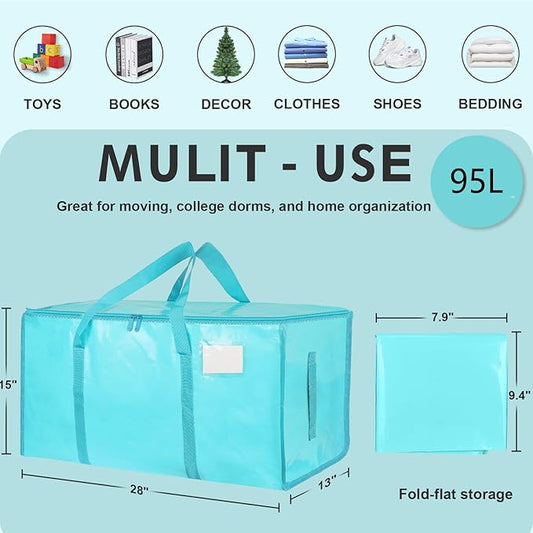 12 Pack Extra Large Heavy Duty Moving Bags - Waterproof Storage Totes with Handles & Zippers, Foldable for College Dorm