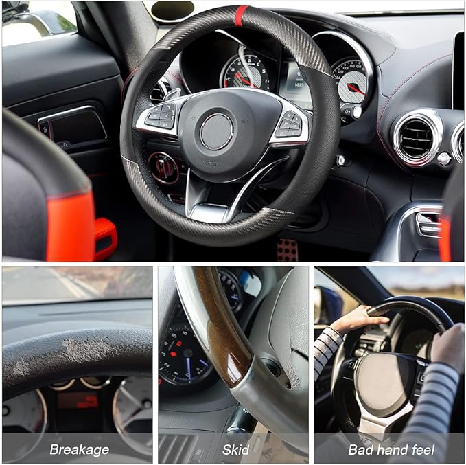 Carbon Fiber Steering Wheel Cover, Universal 15 inch Breathable Anti Slip, Fit Most Cars, Trucks, SVU (Black/Gray)