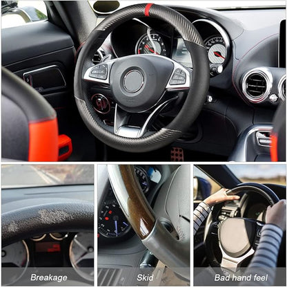 Carbon Fiber Steering Wheel Cover, Universal 15 inch Breathable Anti Slip, Fit Most Cars, Trucks, SVU (Black/Gray)