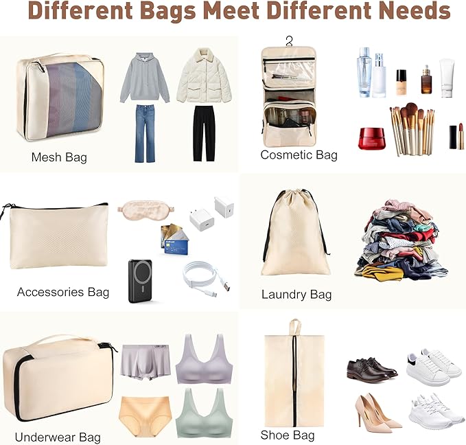 Toncoke 8-Piece Packing Cubes for Travel, Mesh Luggage Organizers with Shoe Bag, Toiletry Bag, Laundry Pouches, 4 Sizes (XL/L