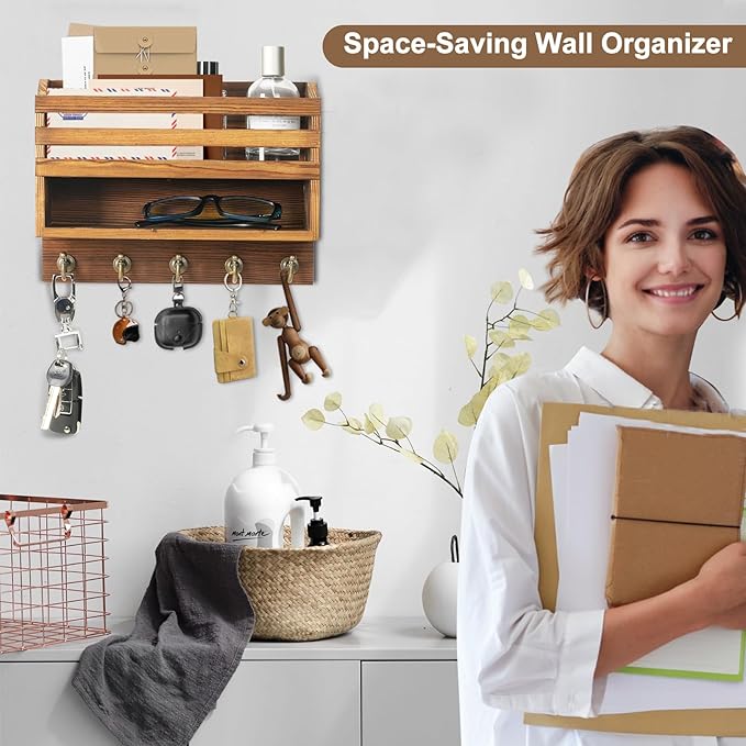 Mail and Key Organizer for Wall – Key Holder Wall Mount with Storage Box and 5 Key Hooks, Mail Holder Wall Mounted for Entryw