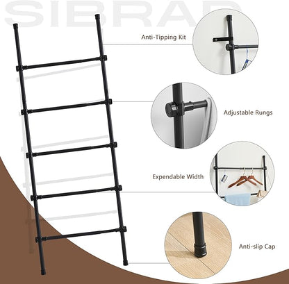 Blanket Ladder Black Expandable Width (17.3-32.3 inch) 5.4 Ft Tall 5 Rungs Metal Quilt Holder Rack Wall Leaning Strong Load C