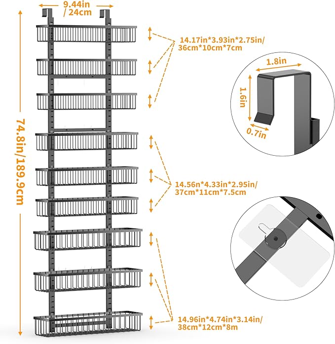Moforoco 9-Tier Over The Door Pantry Organizer, Pantry Organization and Storage, Black Hanging Basket Wall Spice Rack Seasoni