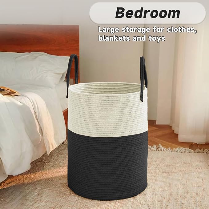 JMvicyroam Large Woven Laundry Basket Hamper,60L Cotton Rope Storage Bin for Blankets,Toys and Clothes,Decorative Tall Nurser