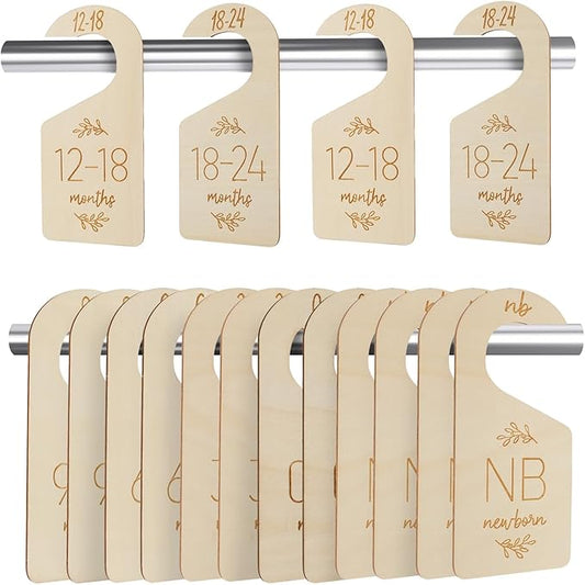 16Pcs Adorable Wooden Baby Closet Dividers, Double-Sided Clothes Size Organizer with Labels from Newborn to 24 Months, Cute N