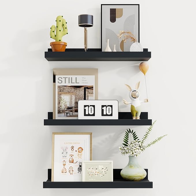 Axeman Picture Ledge Shelf | 16 Inch Black Floating Shelves Set of 3 | Rustic Wood Wall Shelves with Lip | 16" Black Picture 