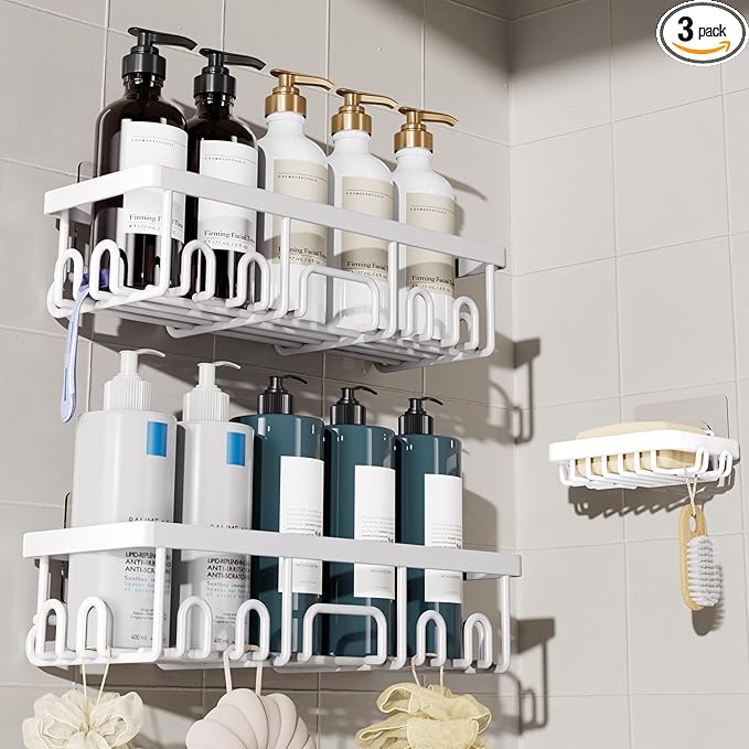 Veken Shower Caddy 3-Pack, Advanced Rustproof Design, No Drilling Adhesive Shelves, Rack with Soap Holder, Large Capacity Bat