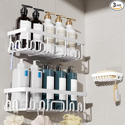 Veken Shower Caddy 3-Pack, Advanced Rustproof Design, No Drilling Adhesive Shelves, Rack with Soap Holder, Large Capacity Bat