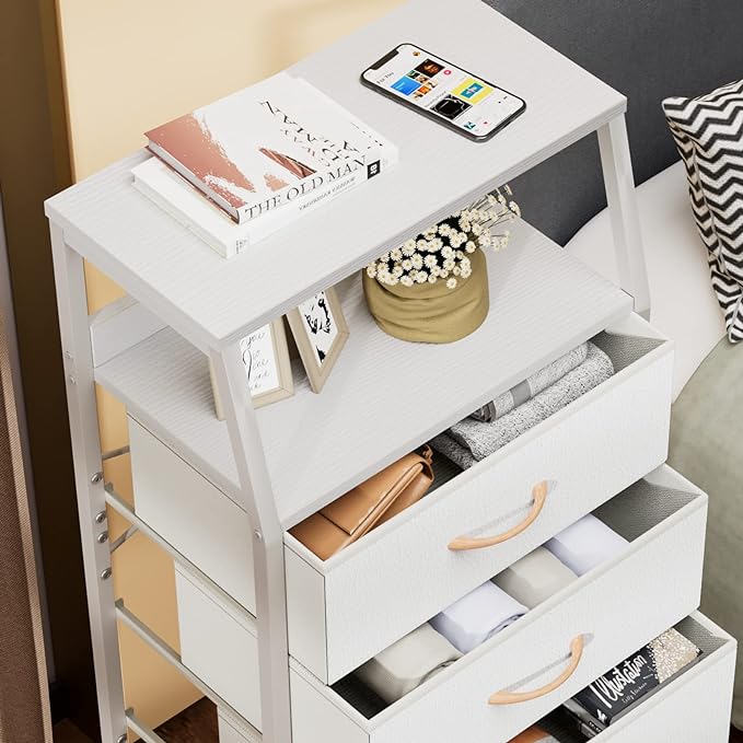 Furnulem White Dresser with 5 Drawers, Vertical Storage Tower Fabric Dresser for Bedroom, Hallway, Entryway, Nursery, Closet 