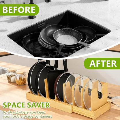 Pots and Pans Organizer for under Cabinet - Expandable Bamboo Pot Lid Organizer, Bakeware and Cutting Board Organizers, Drawer Pot Lid Holder Rack for Kitchen Organizers and Storage
