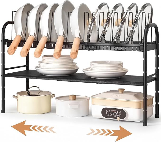HULISEN Pots and Pans Organizer Under Cabinet, Expandable 2-Tier Pots and Pans Lid Storage Rack Holder with 10 Dividers, Adjustable Height Under Sink Organizer, Maximize Kitchen Storage Space
