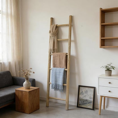 Wooden Blanket Ladder - 76in Natural & Motley Wood - Leaning Wall Decor for Bedroom, Bathroom, Living Room - Rustic Quilt Hol